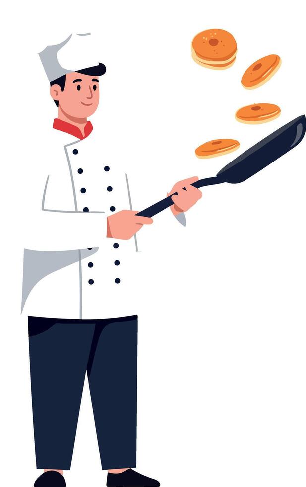 Chef expertly flipping donuts in a playful, flat style illustration for culinary enthusiasts and food lovers vector