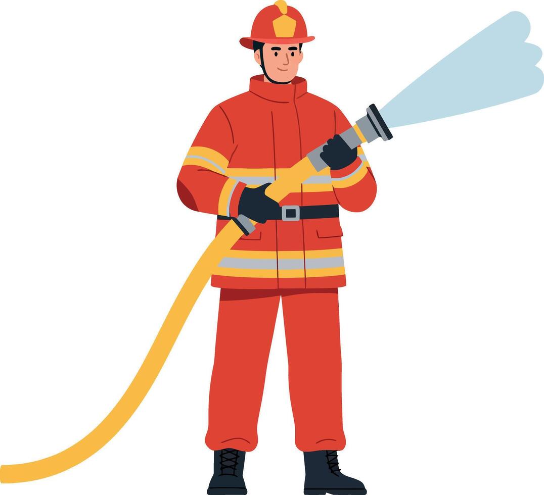 Firefighter using hose in action with bright colors and flat design style illustration vector