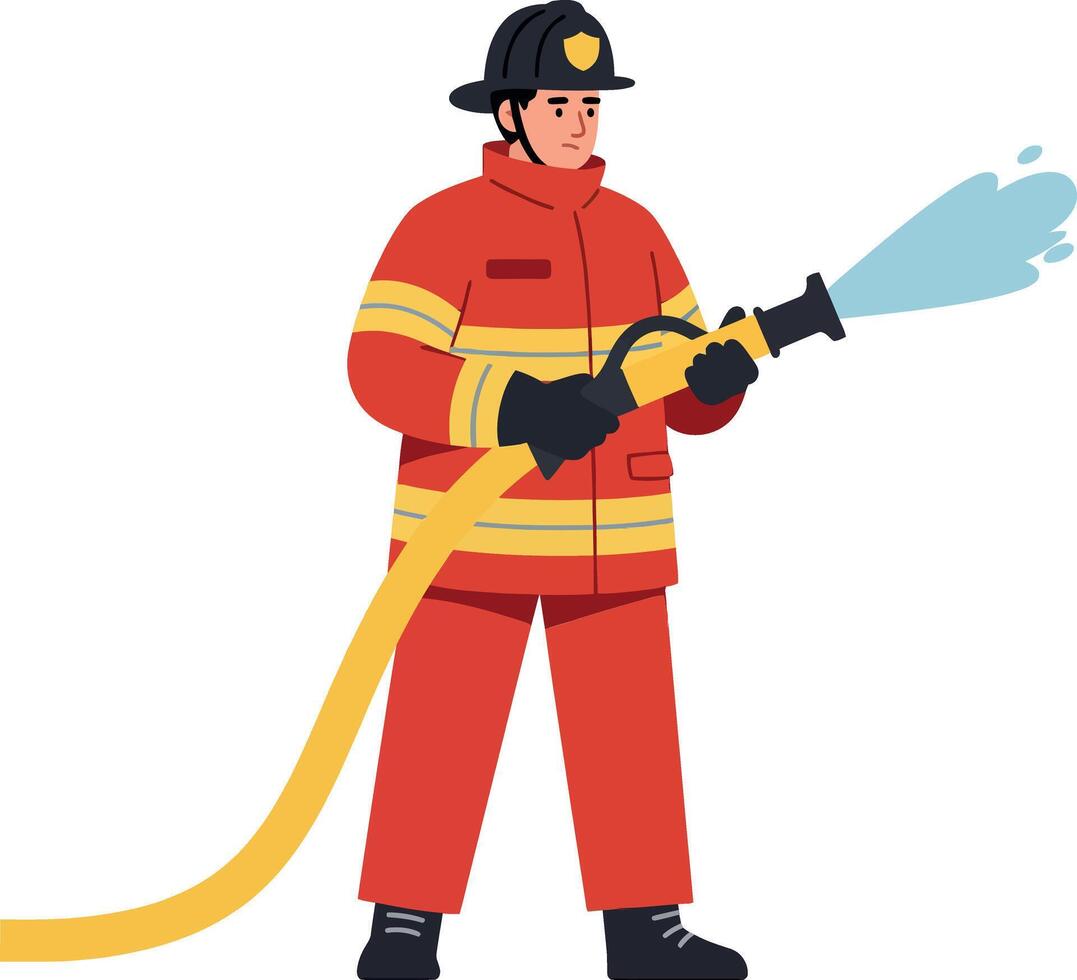Firefighter in bright uniform spraying water with hose in flat design art vector