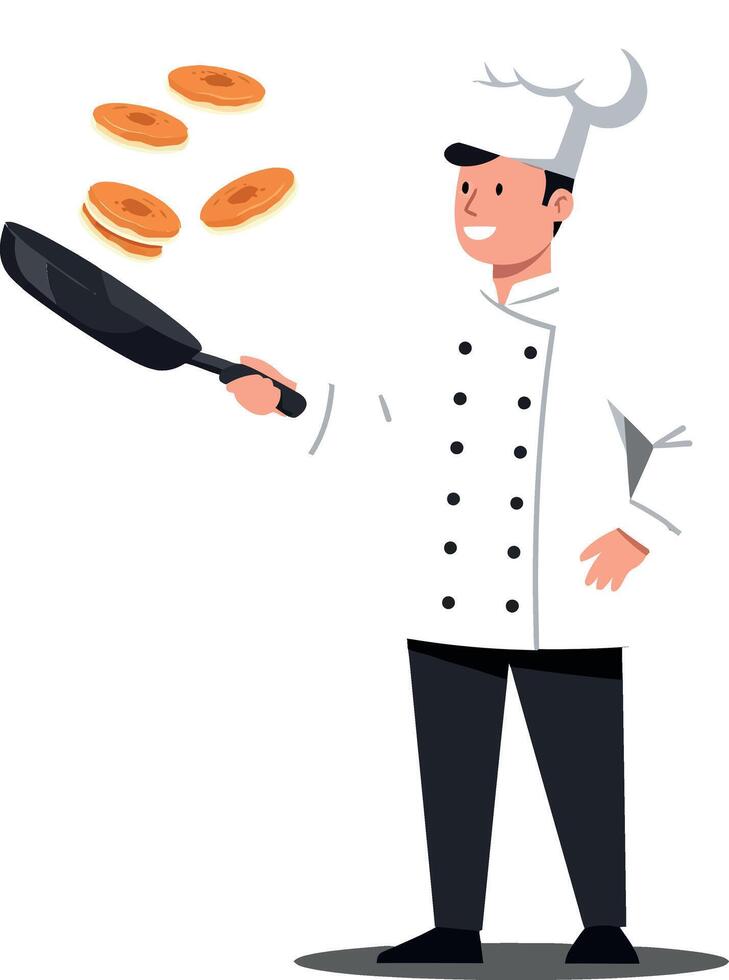 Chef flipping pancakes in flat design style featuring colorful food elements in art vector