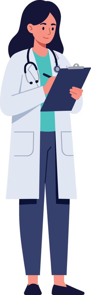 Female doctor in white coat holding clipboard in flat design style art vector