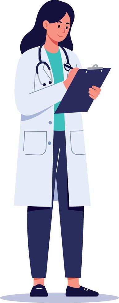 Doctor character in white coat with clipboard, flat design, professional healthcare illustration vector