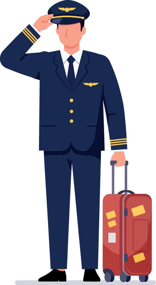 Pilot in uniform saluting with luggage in a flat and minimal design illustration vector