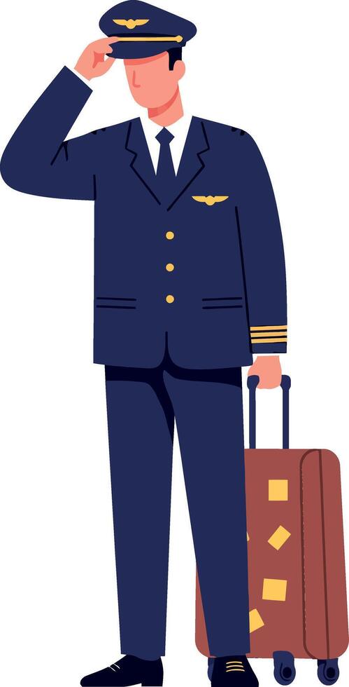 Pilot character in uniform saluting with suitcase designed in flat art style for travel themes vector