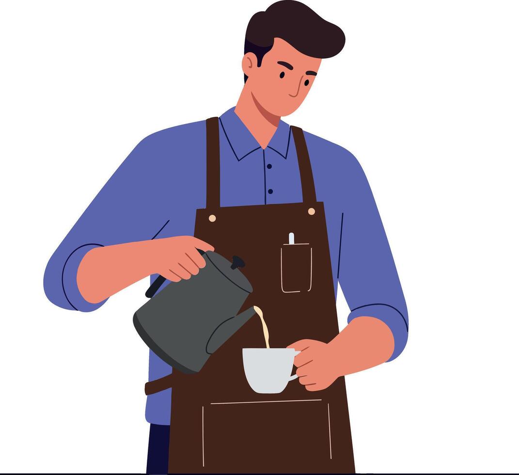 Male barista pouring coffee into cup in flat minimal art style illustration vector