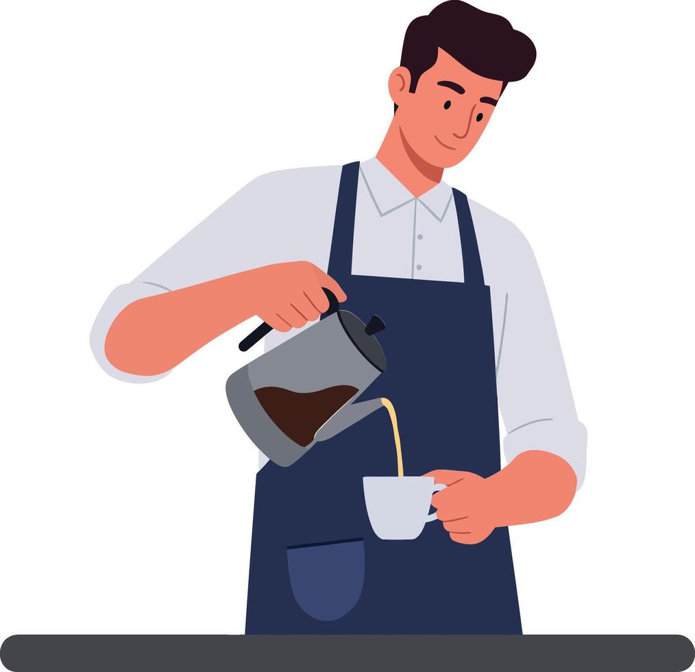 Barista pouring coffee into cup in flat, minimal style art vector