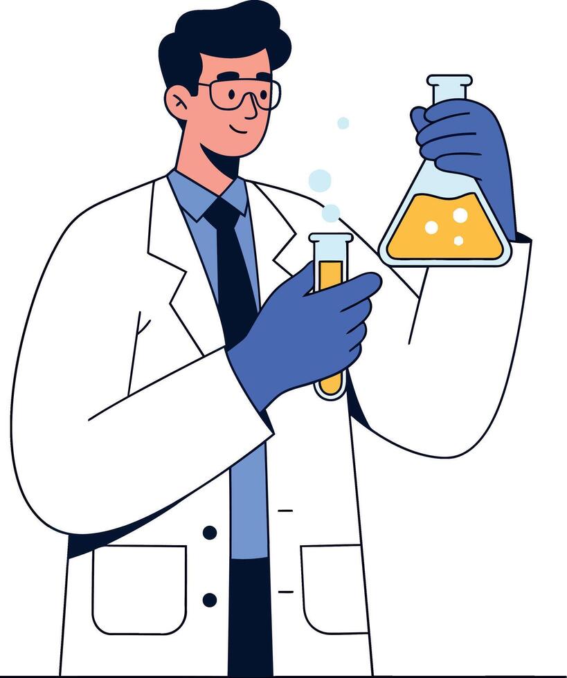 Scientist conducting experiments with flasks in a flat, colorful style illustration vector