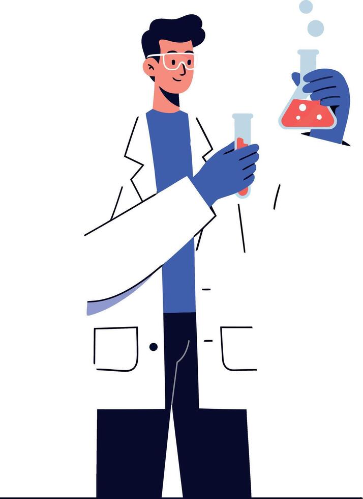 Scientist holding beakers with colorful liquids in a flat minimal style illustration vector
