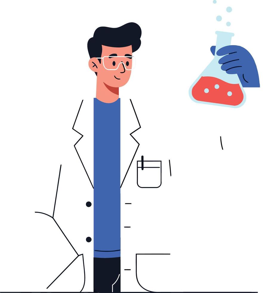Scientist in white coat conducting experiment with colorful flask in flat art style illustration vector
