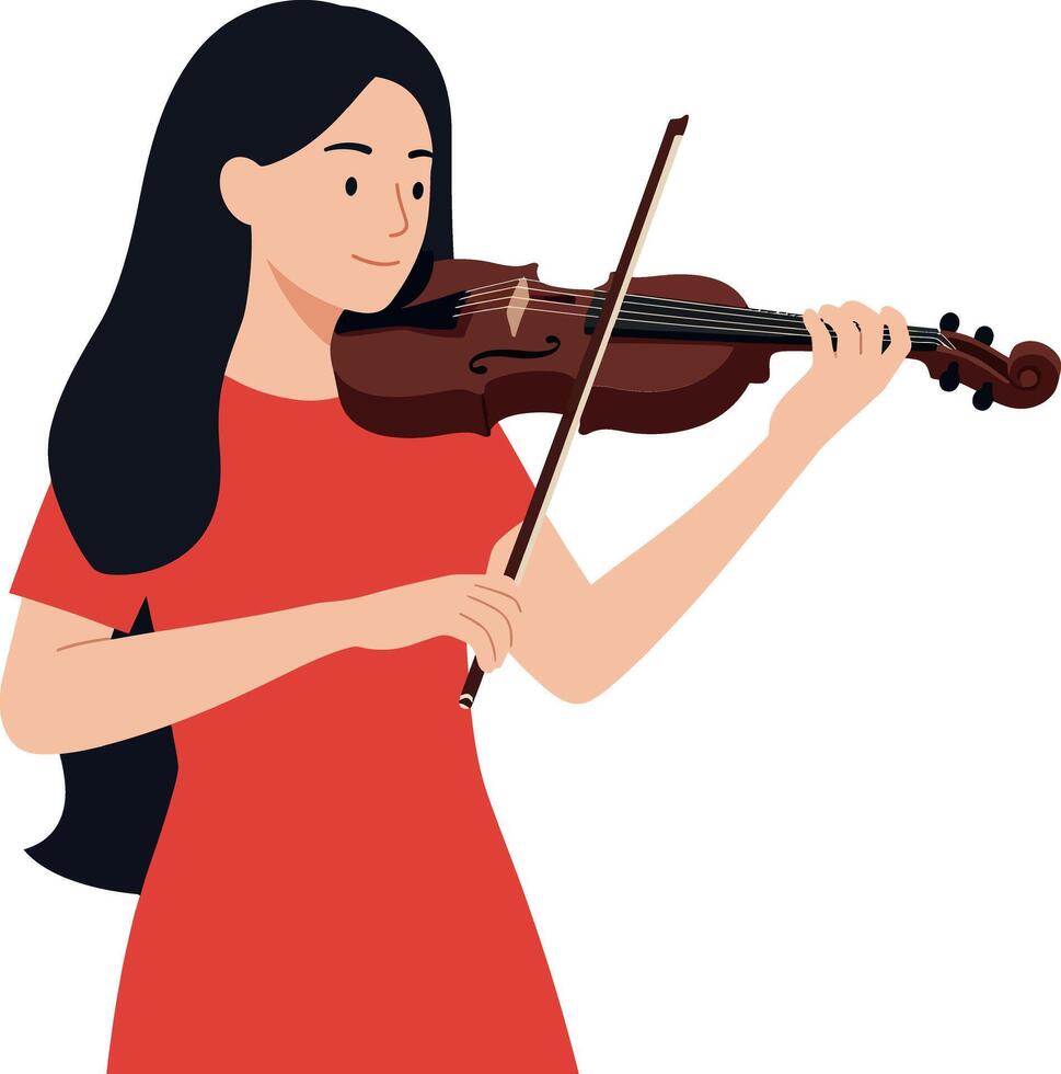 Young woman playing a violin in bright red dress depicted in minimal flat art vector