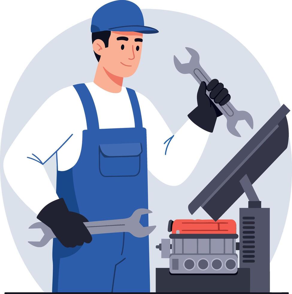 Mechanic working on an engine with tools in a flat, modern design illustration vector