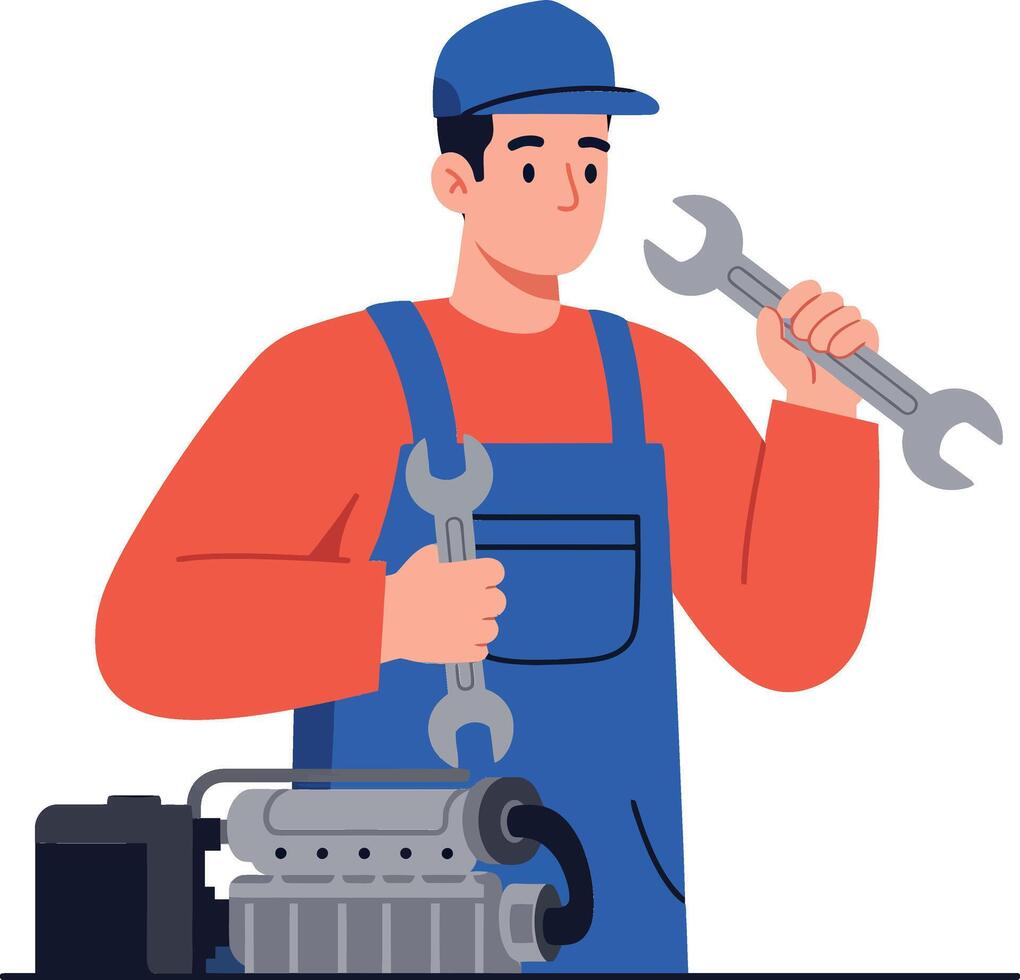 Mechanic holding wrench with engine in flat design style art vector