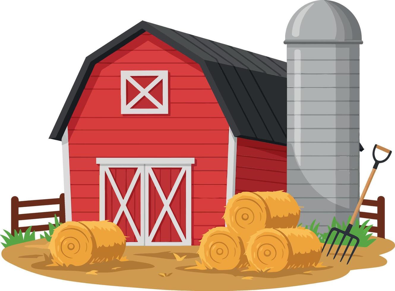Red barn with silo and hay bales in design flat vector