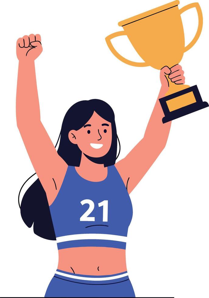 Cheerful athlete celebrating victory with a trophy in a flat and colorful illustration vector