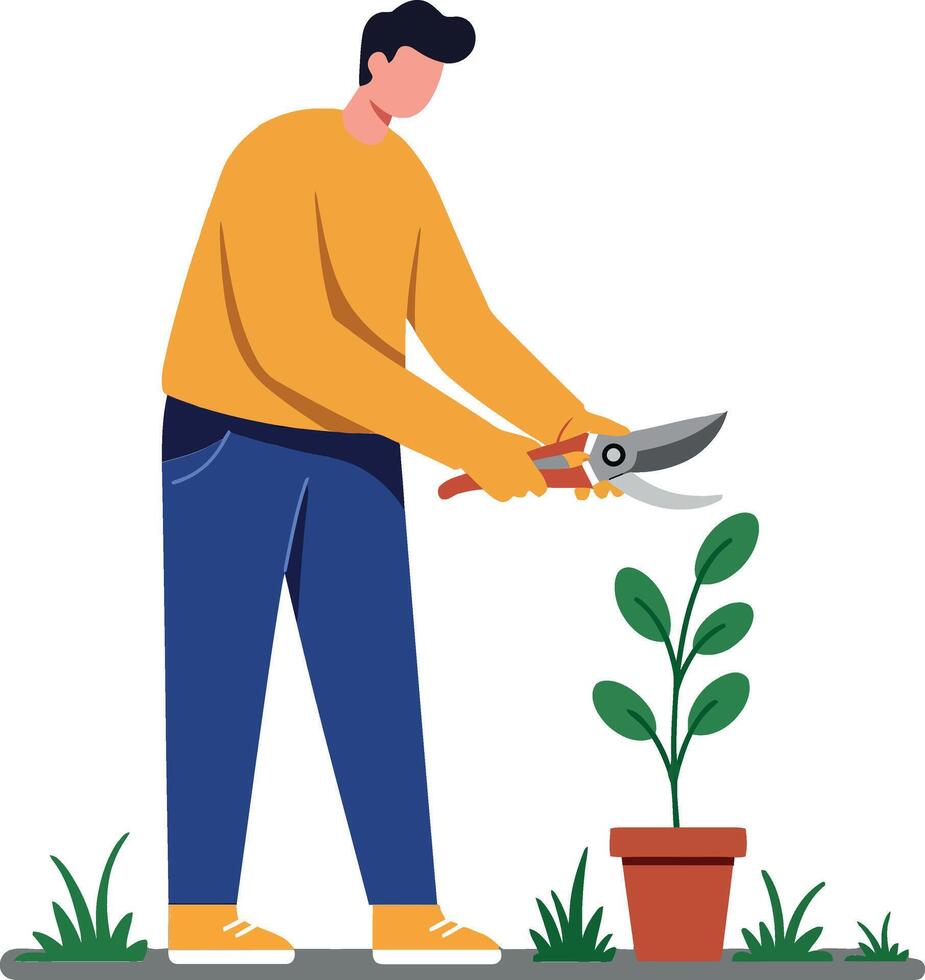 Gardener trimming plant leaves in flat illustration style vector