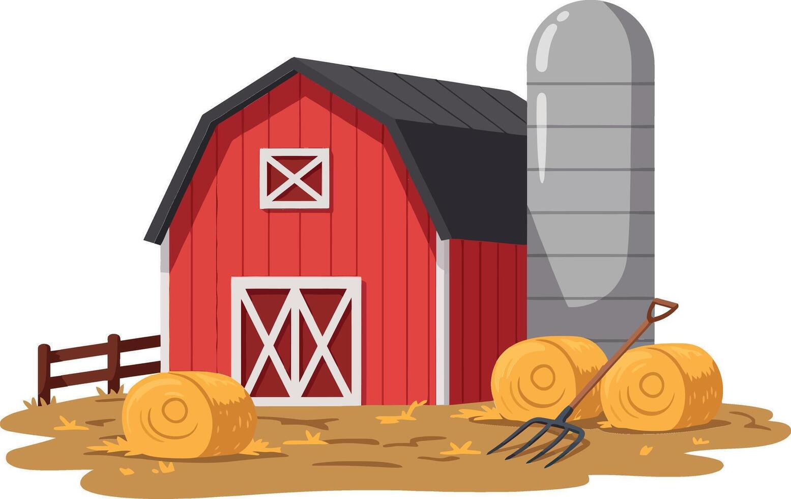Red barn with silo and hay bales vector