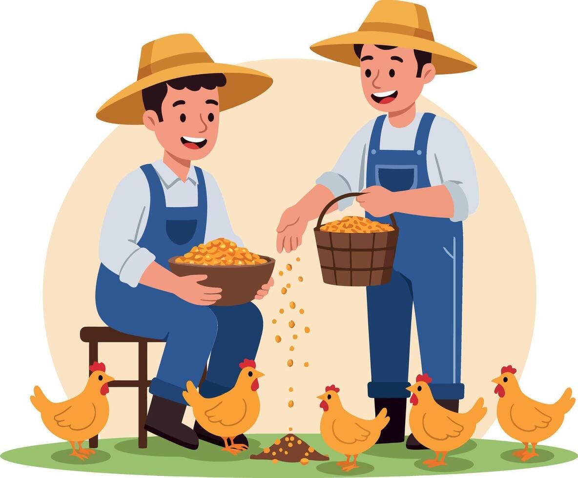 Two farmers feeding chickens in flat art style illustration vector