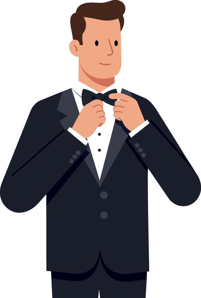 Man adjusting bow tie in formal attire minimal illustration vector