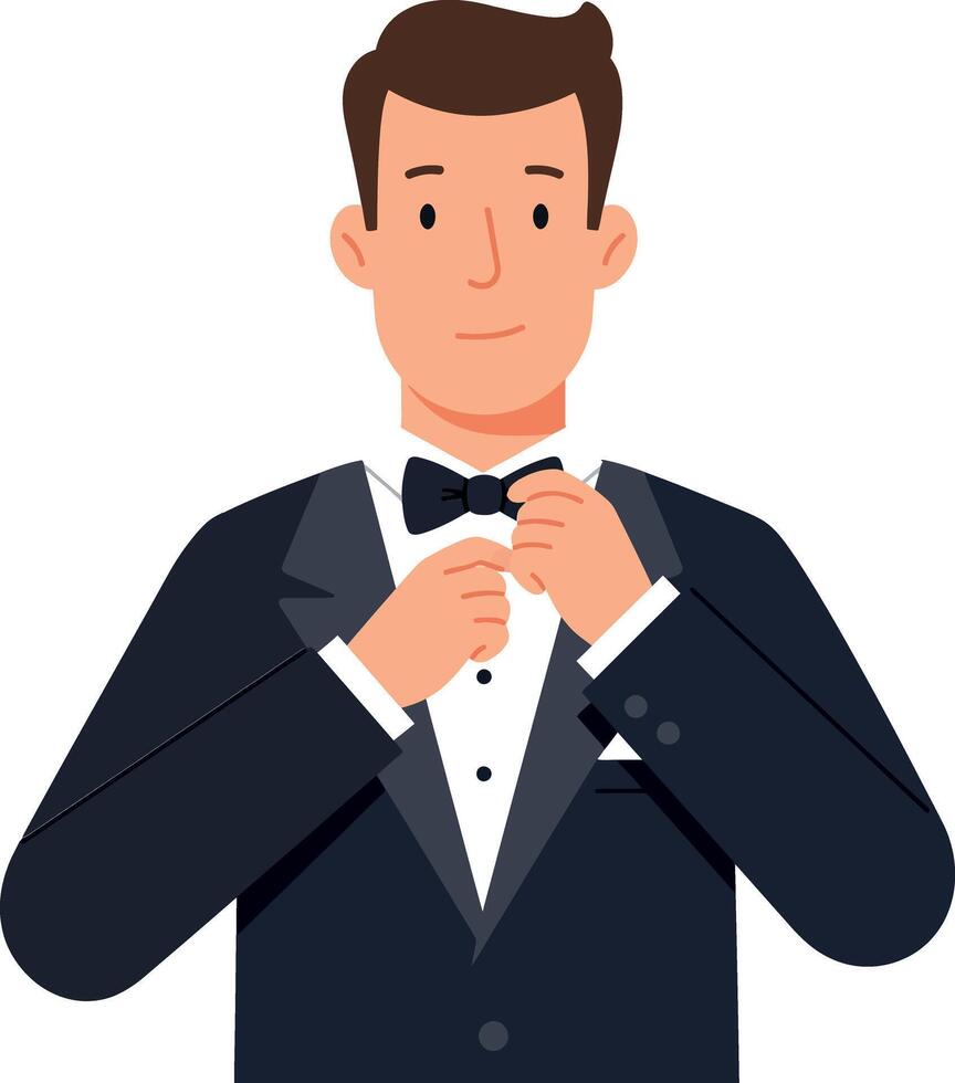 Man adjusting bow tie in formal suit flat illustration vector