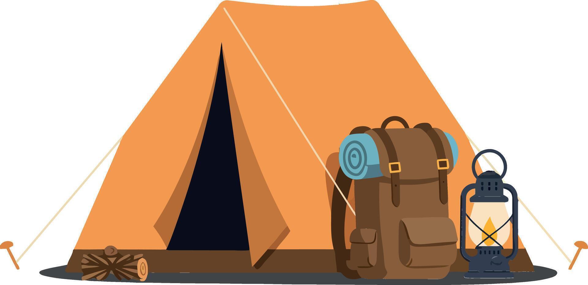 Camping tent with backpack and lantern in flat art vector