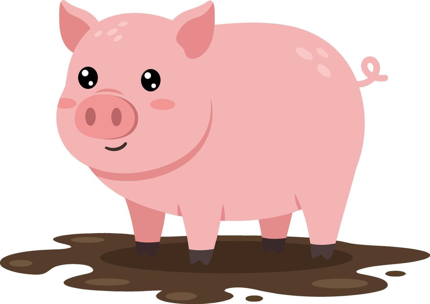 Cute pink pig standing in mud, flat cartoon art vector