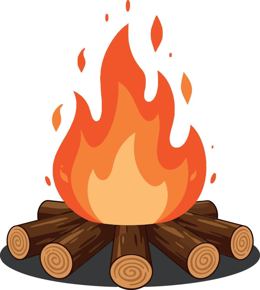 Campfire with bright flames and wooden logs in flat art vector