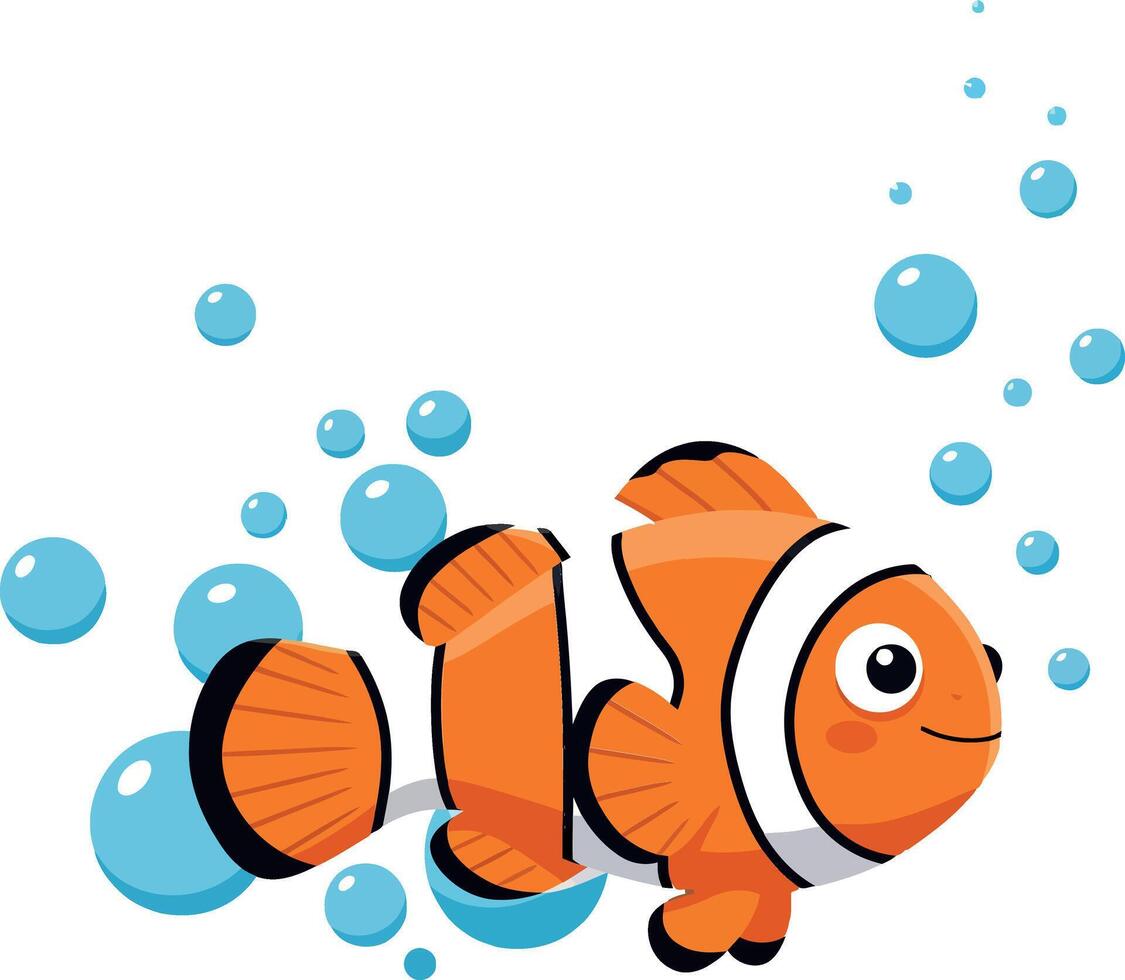 Colorful clownfish swimming through bubbles in flat art vector