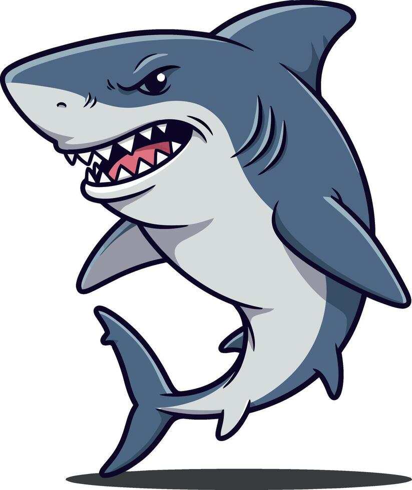 Happy cartoon shark jumping with a smile in flat art vector