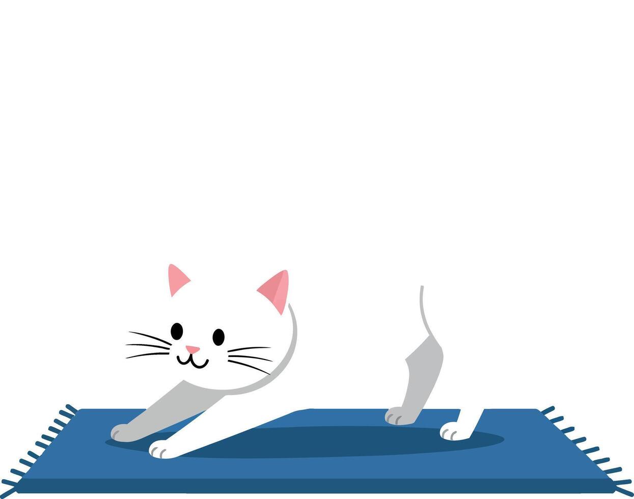 White cat stretching on blue rug in flat illustration vector