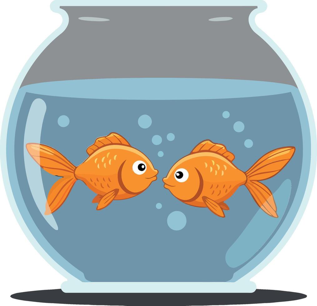 Two playful goldfish in a round bowl with flat design art vector