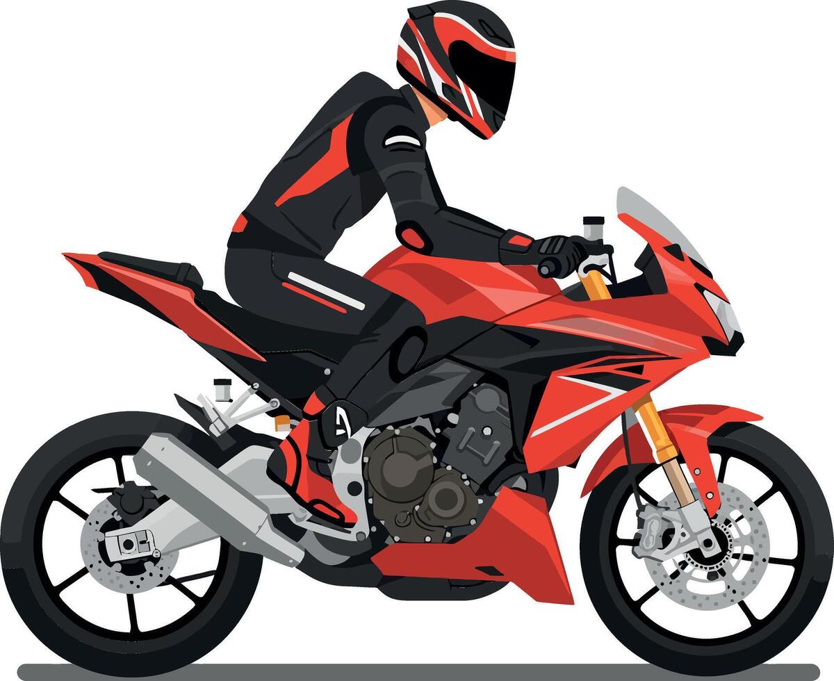 Red motorcycle with rider in flat minimal art style vector