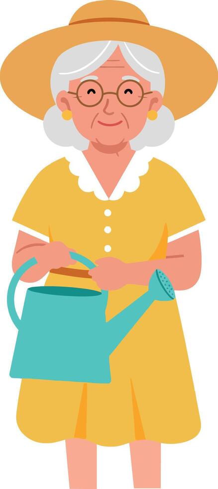 Happy elderly woman gardening in bright yellow dress flat art vector