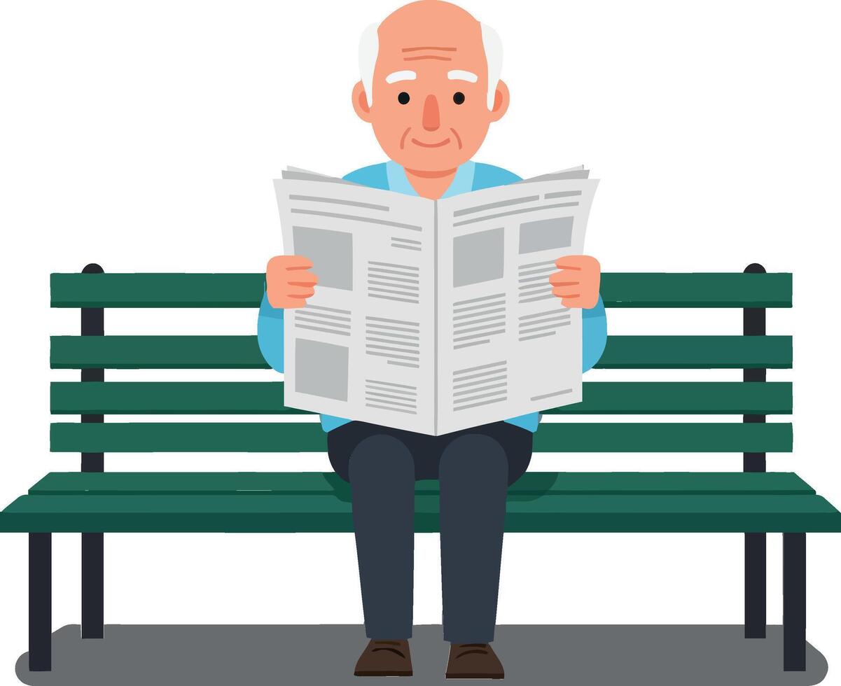 Elderly man sitting on a green bench reading newspaper flat illustration vector