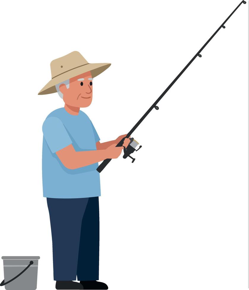 Fisherman in flat design style holding fishing rod art vector