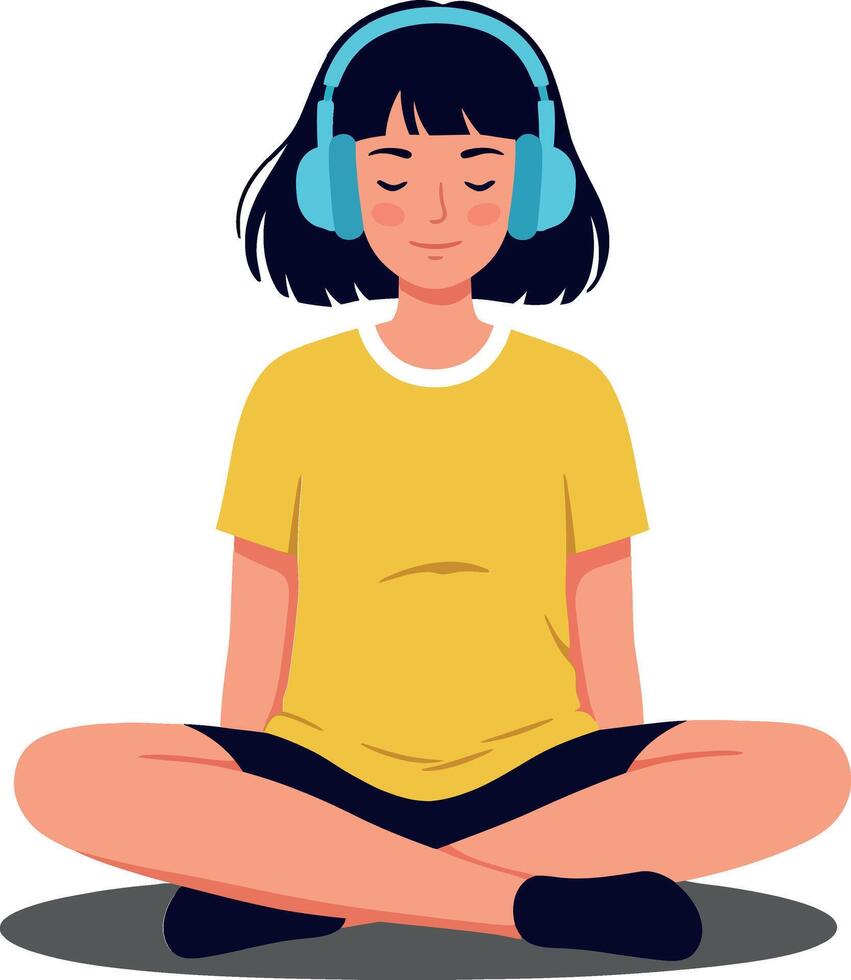 Young girl meditating in a calm atmosphere with flat art vector
