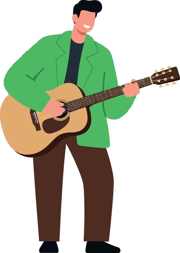 Guitar player in green jacket performing music in flat illustration vector