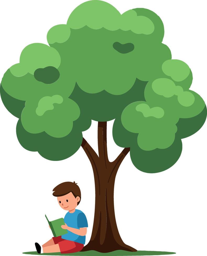 Boy reading a book under a large green tree in flat art vector