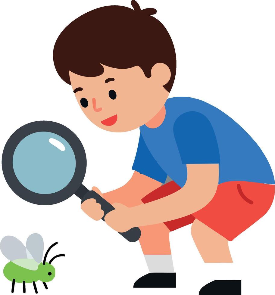 Young boy examining a bug with a magnifying glass in flat art vector