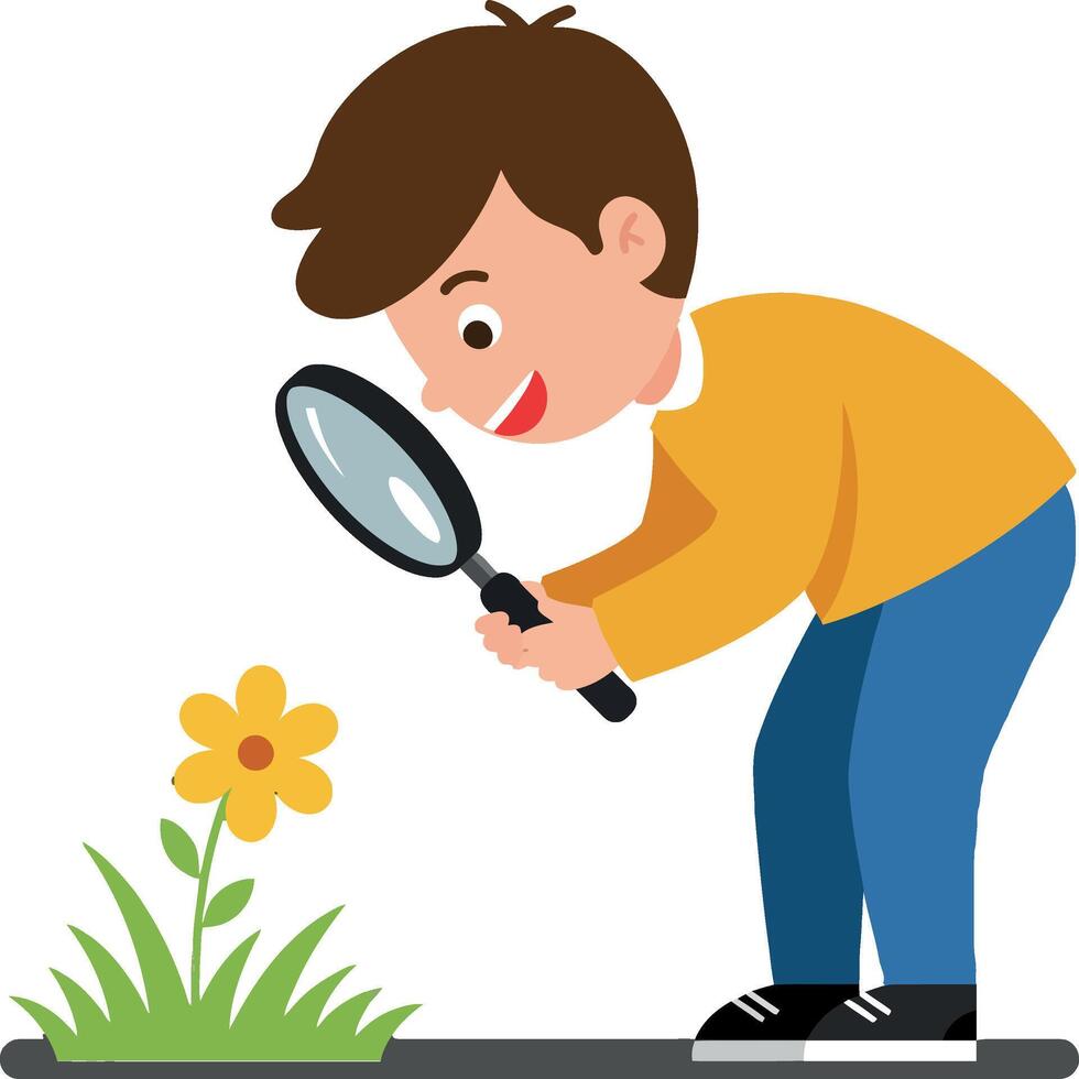 Boy observing flower with magnifying glass in flat art vector