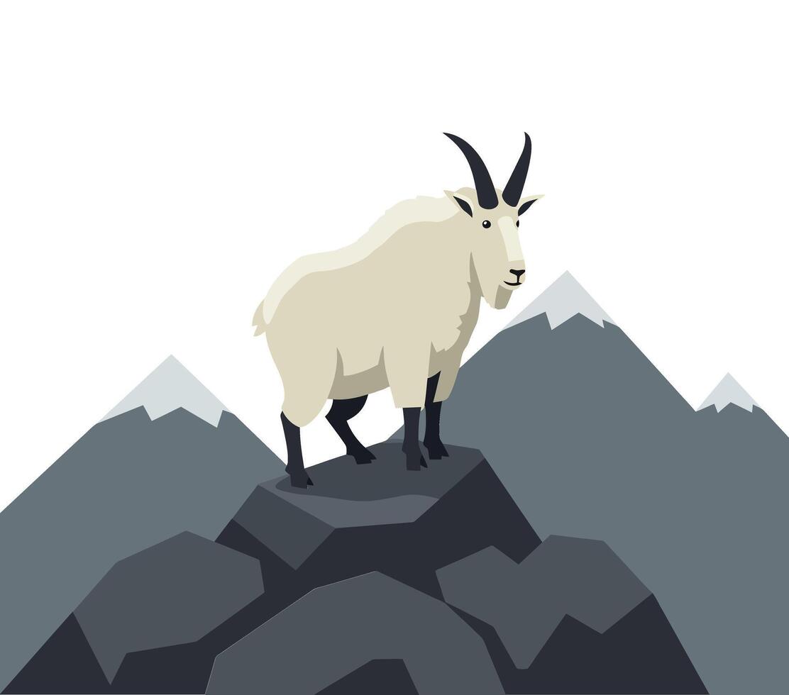 Mountain goat standing on rocks in flat art style illustration vector