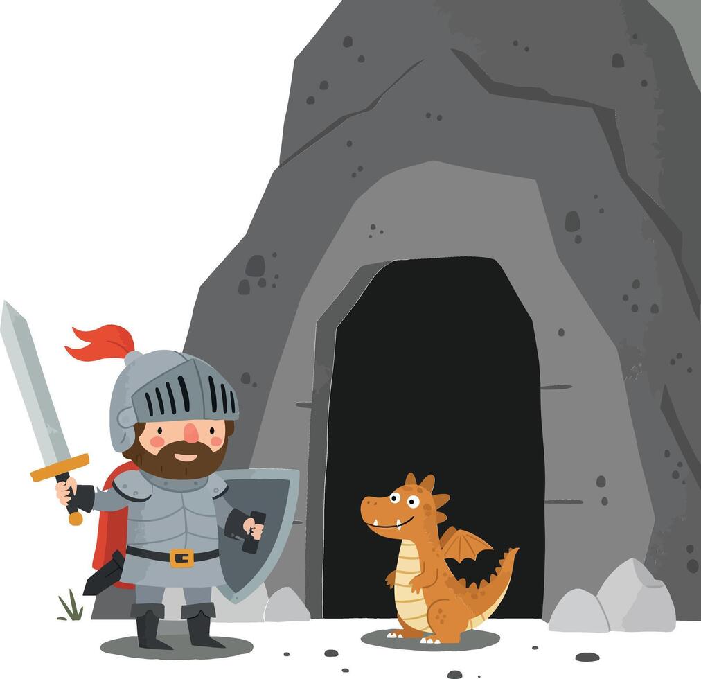 Knight and Dragon Encountering Cave Entrance in Flat Art vector