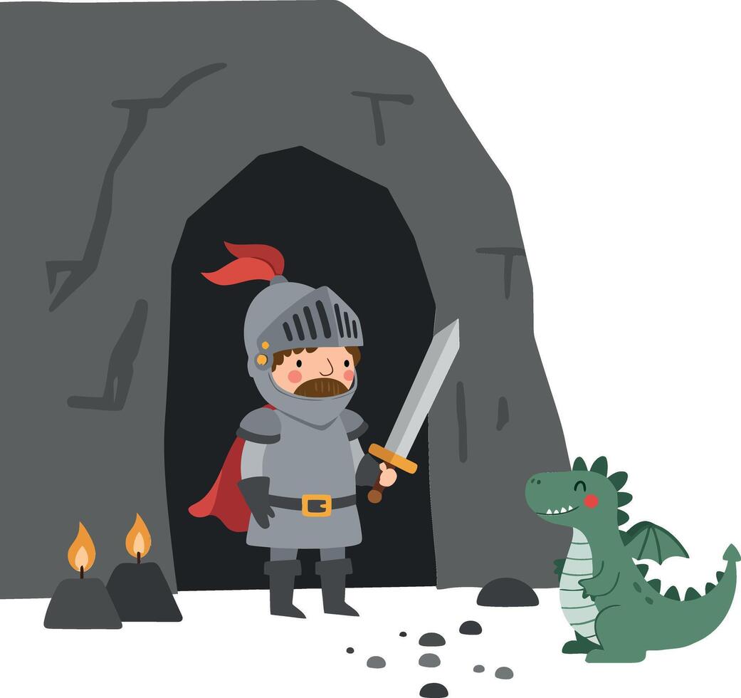 Knight standing bravely before a friendly dragon in flat art vector