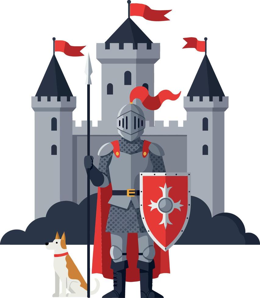 Knight in armor with dog standing before castle in flat art vector