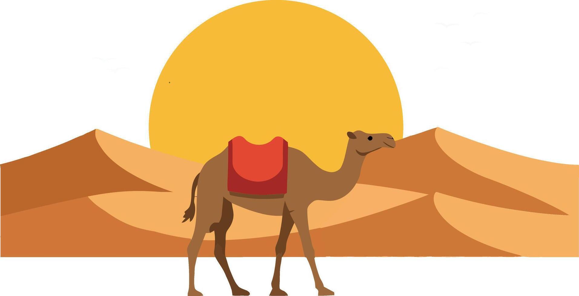 Desert camel walking in the warm sun with sandy dunes, minimal flat art vector