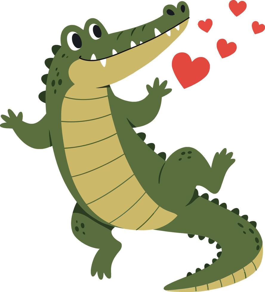 Playful crocodile character design in flat style expressing love with hearts art vector