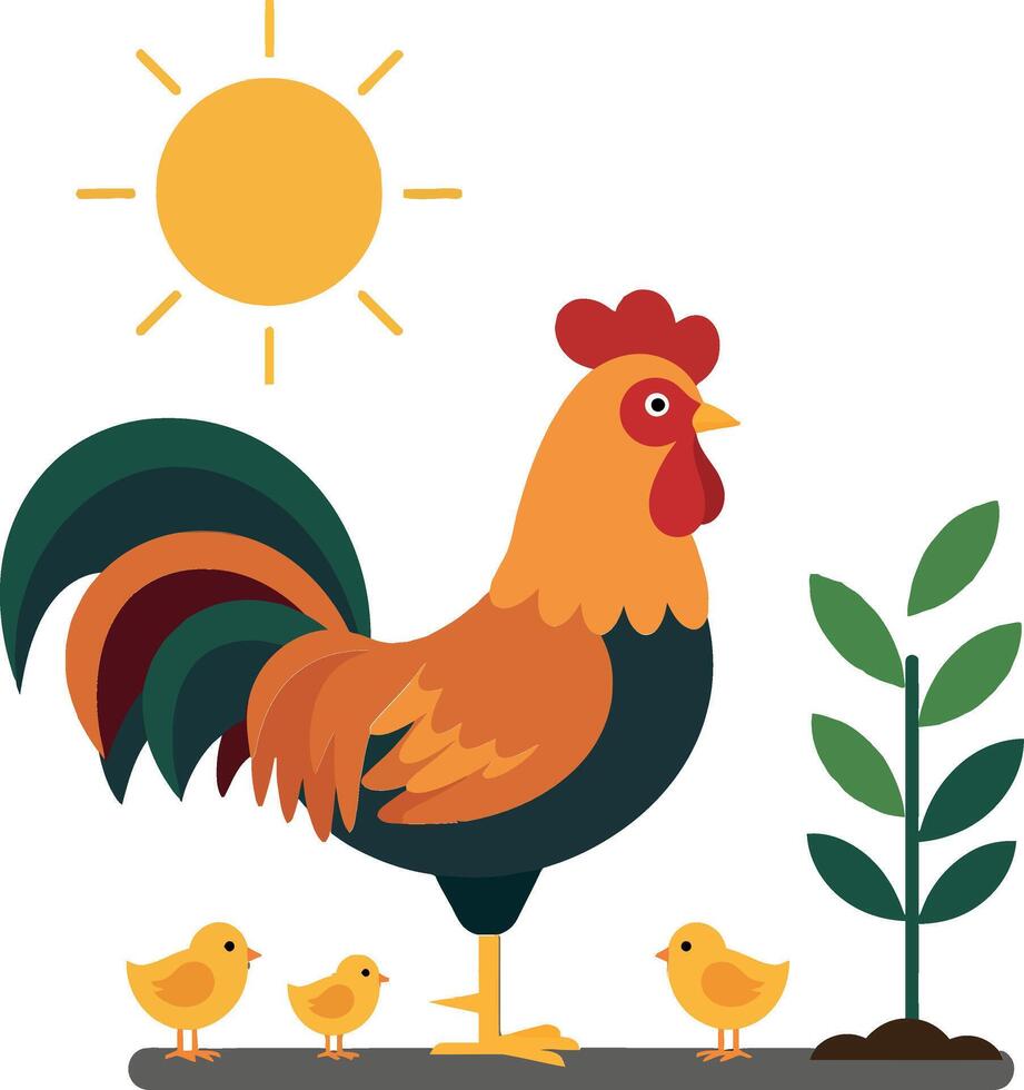 Colorful rooster and chicks in a sunny farm setting, flat design illustration vector