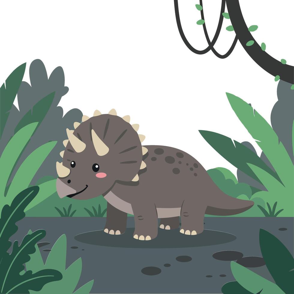 Cute triceratops character in flat design style surrounded by lush greenery and jungle elements art vector