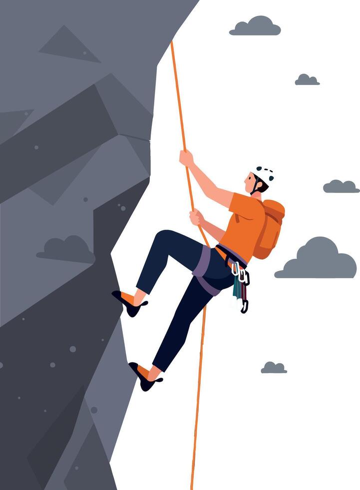 Climber ascending steep rock face in flat design style showcasing determination and adventure art vector