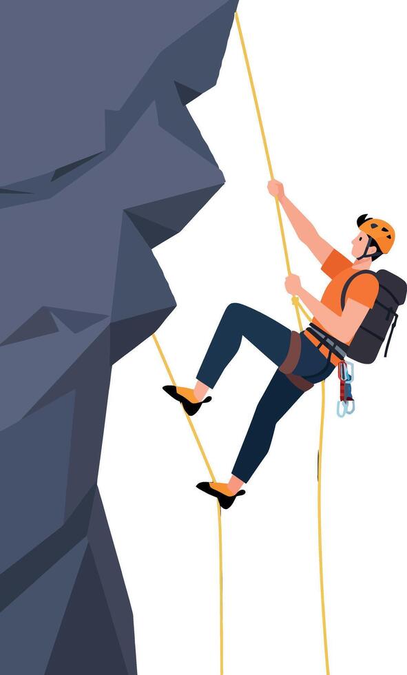 Climber ascending steep rock face in minimal flat design style featuring bold colors and detailed art vector