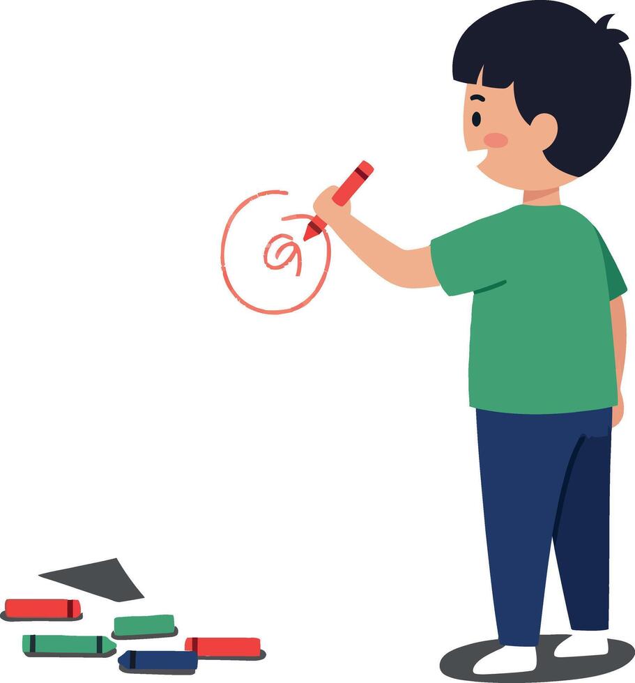 Young boy drawing with red marker on whiteboard in flat illustration style vector